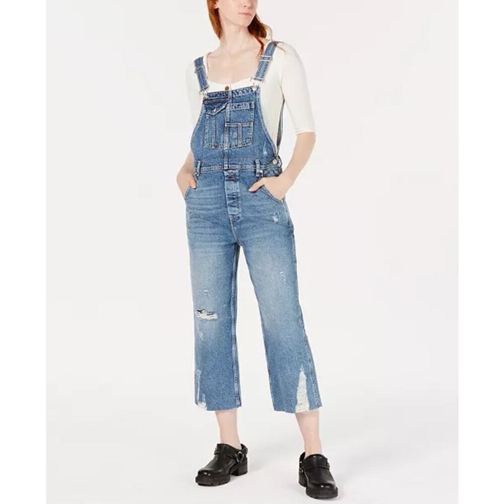 We The Free Washed Blue Distressed Cropped Denim Overalls